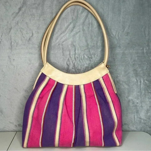 Sharif Marc & Marc Striped Beaded Floral Patch Large Leather/Canvas Tote Bag - Picture 2 of 15